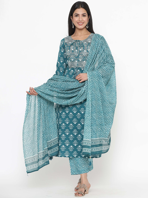 

JAVTA Women Blue Ethnic Motifs Printed Pure Cotton Kurta with Palazzos & With Dupatta