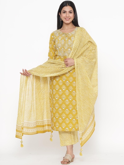 

JAVTA Women Yellow Ethnic Motifs Pure Cotton Kurta with Palazzos & With Dupatta