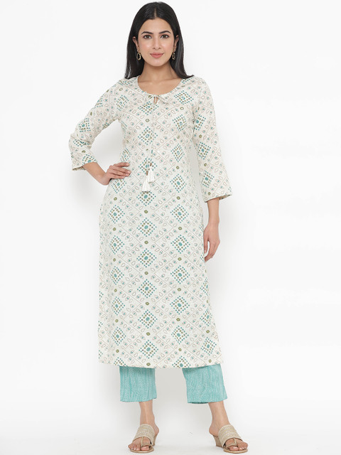 

JAVTA Women Off White Ethnic Motifs Printed Kurta with Trousers