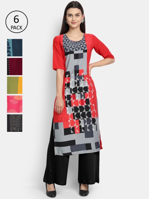 

Ethnic basket Women Pack of 6 Multicoloured Ethnic Motifs Printed Crepe Kurtas, Multi