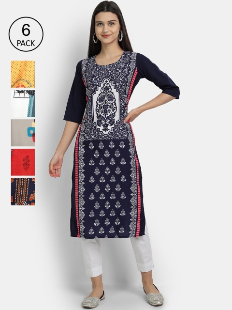 

Ethnic basket Women Pack of 6 Navy Blue & Yellow Digital Printed Crepe Kurtas
