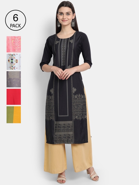 

Ethnic basket Women Pack Of 6 Straight Kurtas, Black