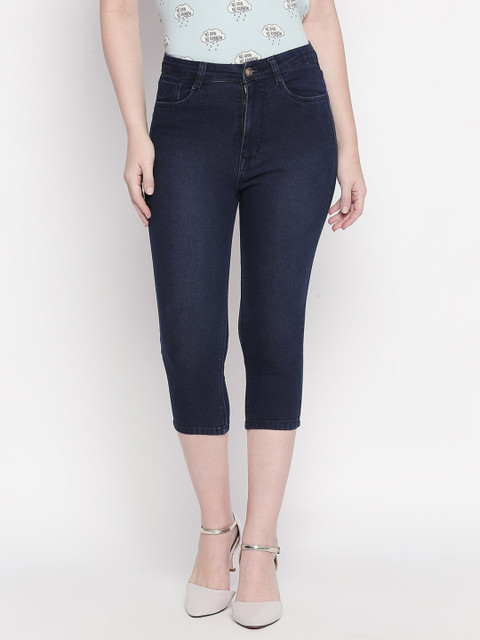 

PURPLE WATER Women Blue Washed High-Rise Cotton Capris
