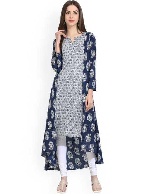 

Nayo Women Navy & White Printed A-Line Kurta, Navy blue