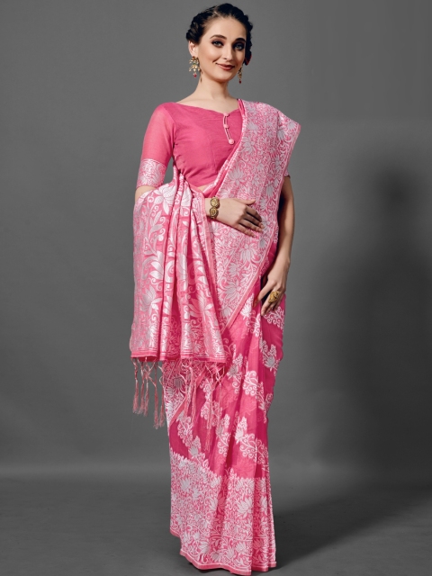 

KALINI Pink & Silver-Toned Floral Zari Saree