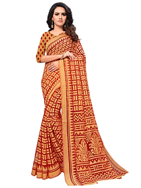 

KALINI Orange & Maroon Geometric Printed Brasso Saree