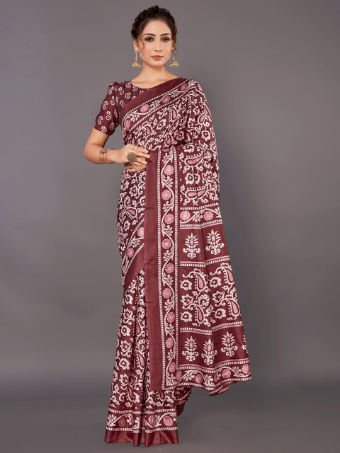 

KALINI Maroon & White Ethnic Motifs Printed Art Silk Saree