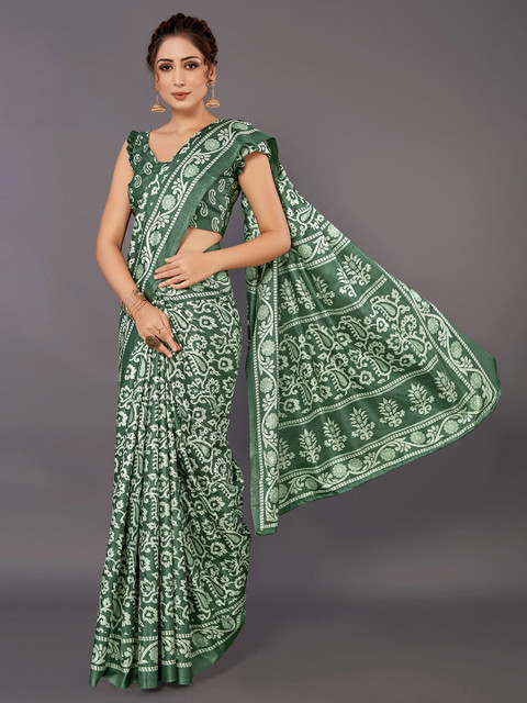 

KALINI Green & White Floral Printed Art Silk Saree