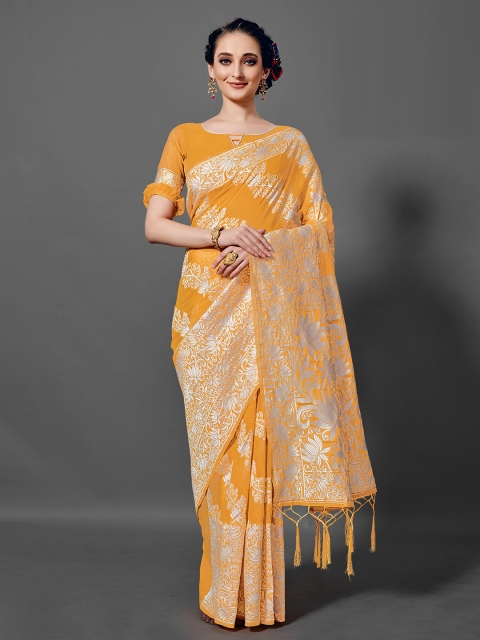

KALINI Mustard & Silver-Toned Woven Design Zari Saree