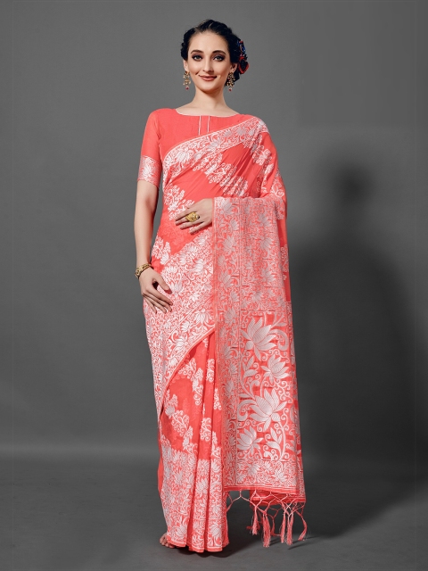 

KALINI Peach-Coloured & White Floral Saree