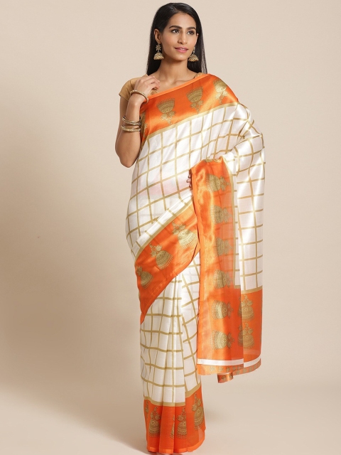 

AADVIKA Orange & White Checked Zari Art Silk Ready to Wear Mysore Silk Saree
