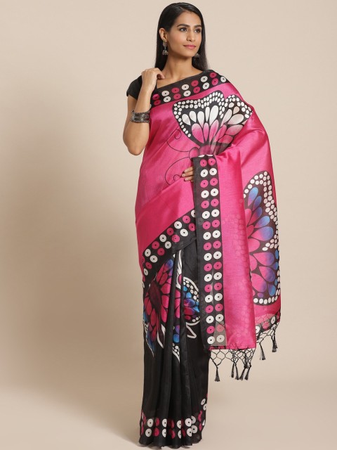 

AADVIKA Black & Pink Floral Art Silk Mysore Silk Saree