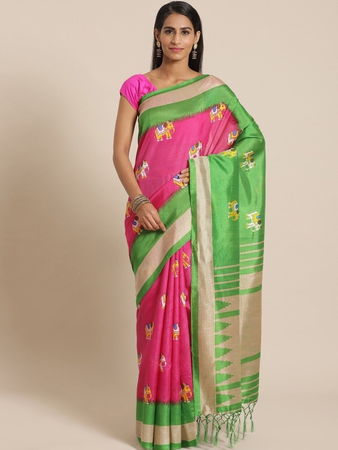 

AADVIKA Pink & Green Ethnic Motifs Art Silk Mysore Silk Saree