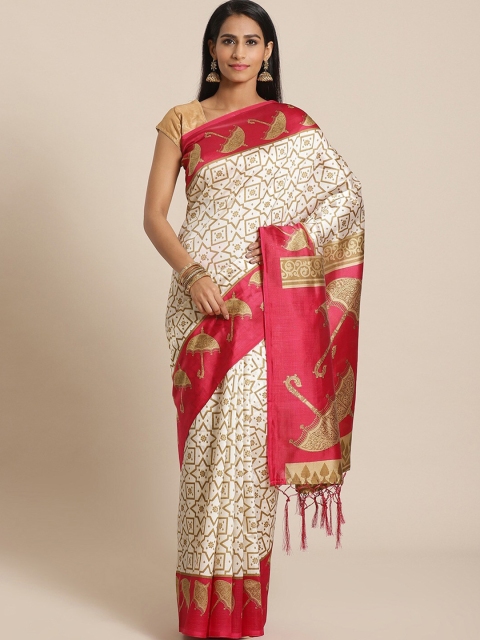 

AADVIKA Pink & White Floral Art Silk Ready to Wear Mysore Silk Saree