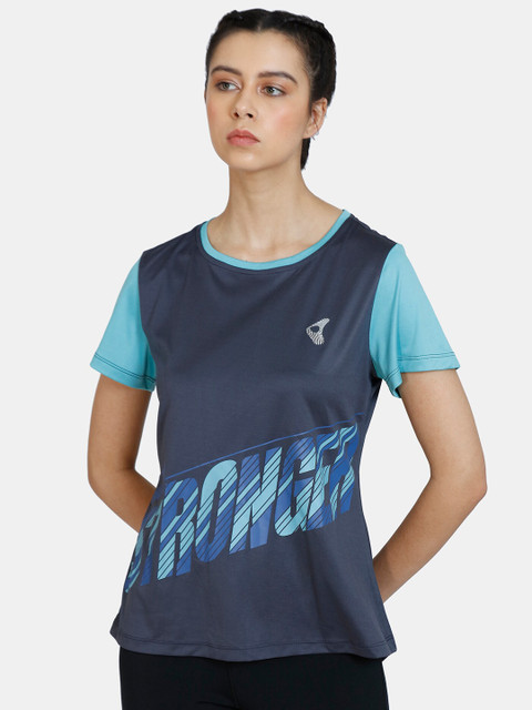 

Zelocity by Zivame Women Blue Typography Printed Applique Training or Gym T-shirt