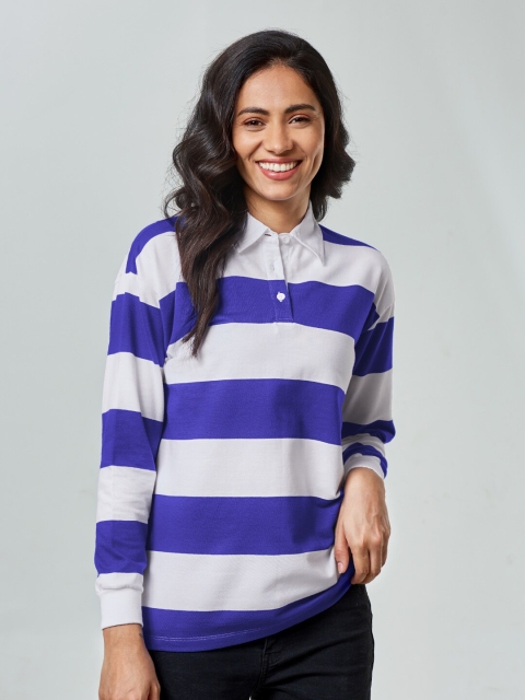 

The Souled Store Women Multicoloured Striped Polo Collar T-shirt, Blue
