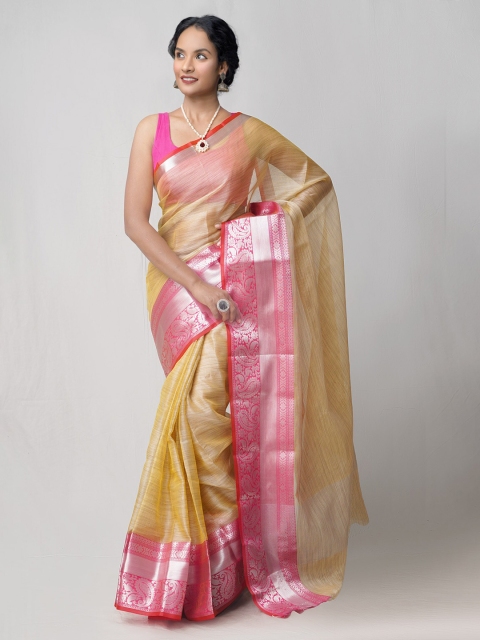 

Unnati Silks Cream-Coloured & Pink Tissue Kota Saree
