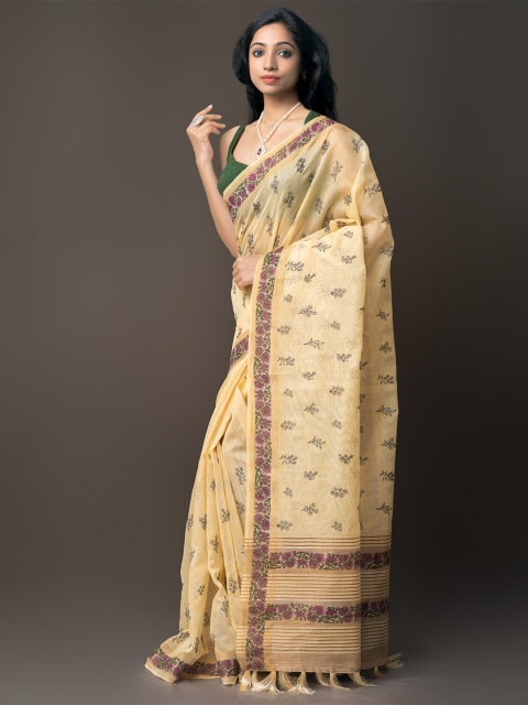 

Unnati Silks Cream & Brown Embroidered Floral Silk Cotton Banarasi Saree