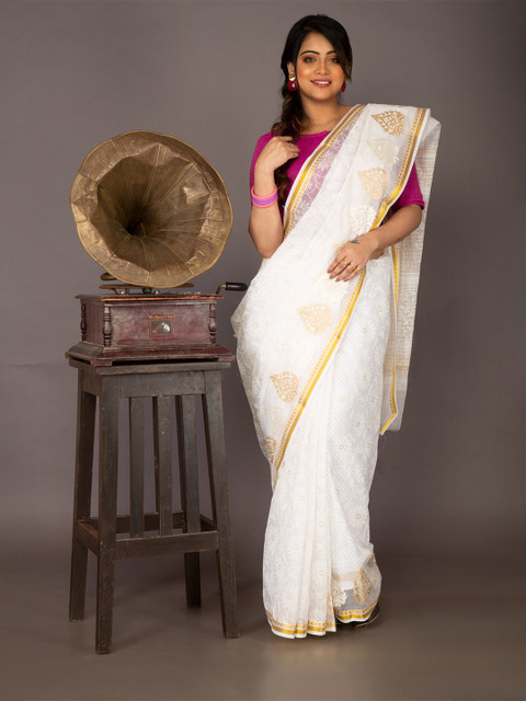 

Unnati Silks Cream-Coloured & Gold-Toned Batik Zari Pure Cotton Kota Saree