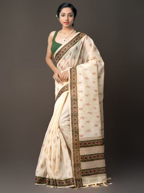 

Unnati Silks Cream-Coloured & Maroon Floral Silk Cotton Banarasi Saree