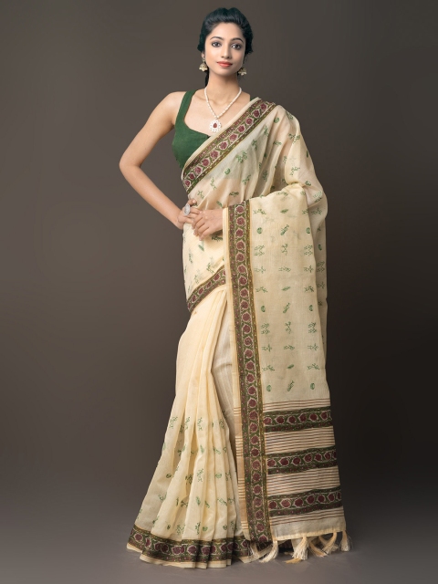 

Unnati Silks Cream-Coloured & Green Floral Zari Silk Cotton Banarasi Saree