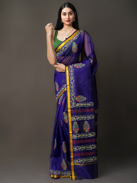 

Unnati Silks Navy Blue Floral Tissue Banarasi Saree