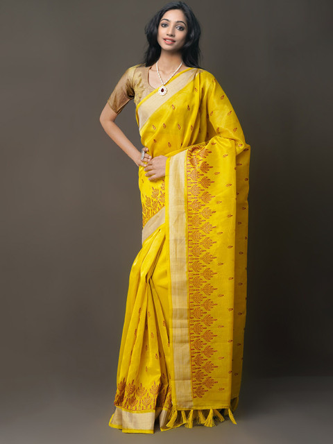

Unnati Silks Yellow & Red Floral Zari Tissue Banarasi Saree