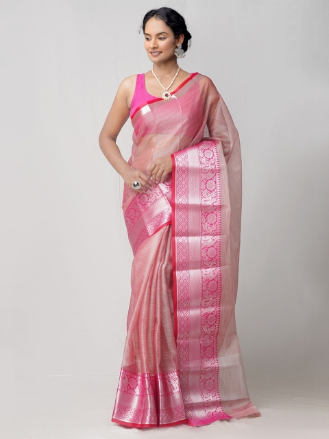 

Unnati Silks Peach-Coloured & Pink Woven Design Zari Tissue Kota Saree