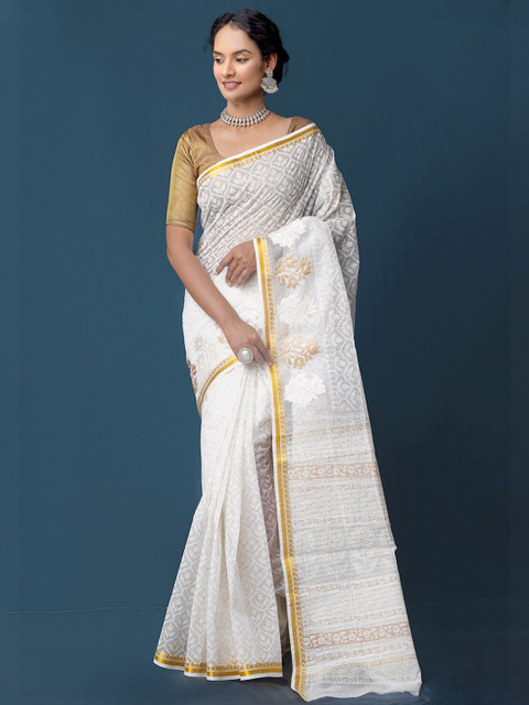 

Unnati Silks Off-White & Golden Batik Handloom Sustainable Pure Cotton Kota Saree