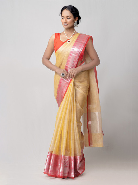 

Unnati Silks Cream & Silver-Toned Woven Design Zari Tissue Kota Saree
