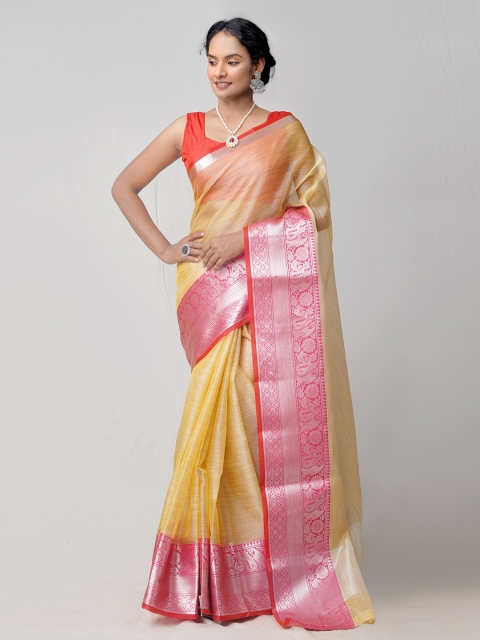 

Unnati Silks Cream-Coloured & Pink Woven Design Zari Tissue Kota Saree