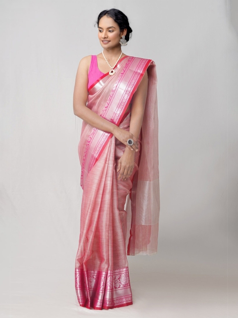 

Unnati Silks Peach-Coloured & Silver-Toned Woven Design Zari Tissue Kota Saree