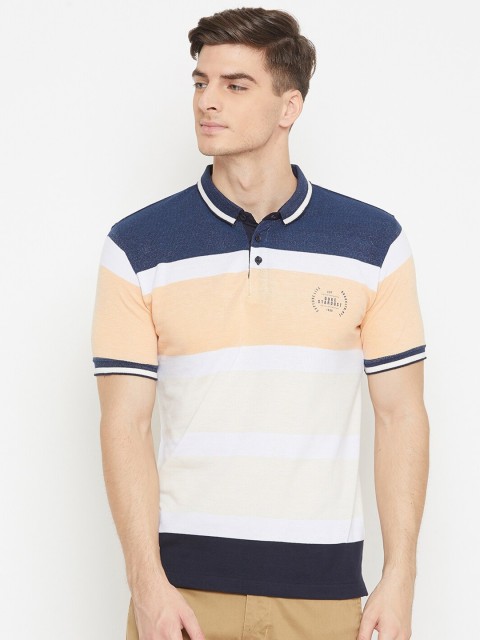 

Duke Men Orange Striped Polo Collar Slim Fit Cotton T-shirt