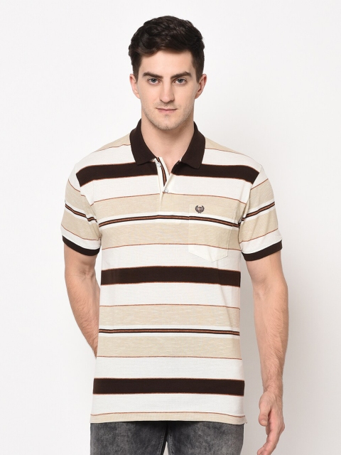 

Duke Men Brown Striped Polo Collar T-shirt