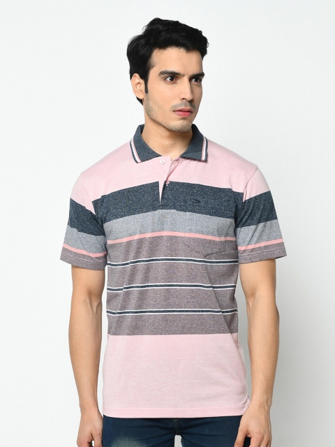 

Duke Men Pink & Navy Blue Striped Polo Collar Cotton T-shirt