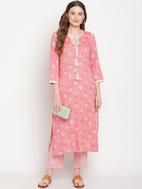

Be Indi Women Peach-Coloured Ethnic Motifs Printed Panelled Kurta with Trousers