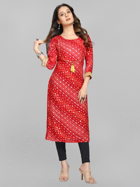 

Fashion FRICKS Women Red & Beige Bandhani Printed Gotta Patti Kurta