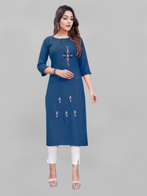 

Fashion FRICKS Women Blue Ethnic Motifs Embroidered Cotton Kurta