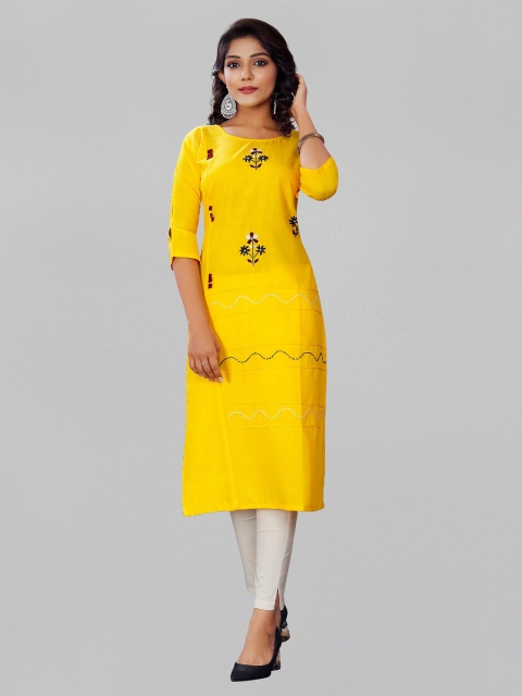 

Fashion FRICKS Women Yellow Floral Embroidered Thread Work Kurta