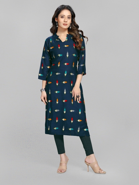 

Fashion FRICKS Women Navy Blue & Red Printed Cotton Straight Kurta