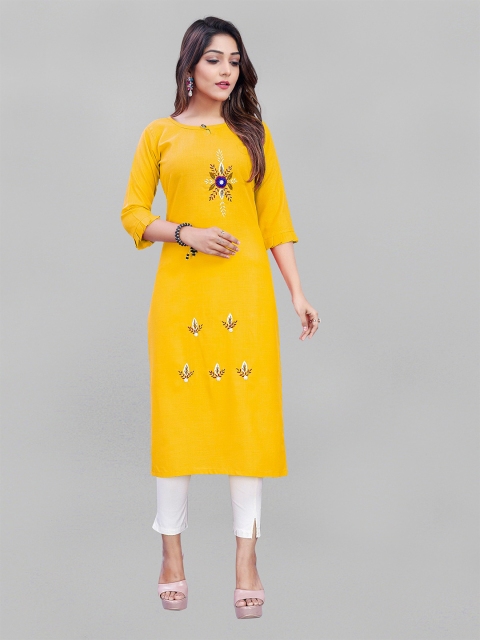 

Fashion FRICKS Yellow Embroidered Pure Cotton Kurta