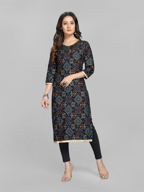 

Fashion FRICKS Women Navy Blue & Orange Geometric Printed Block Print Kurta