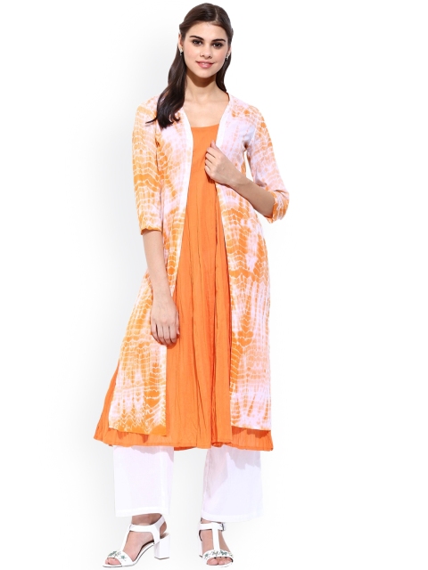 

SASSAFRAS Women Orange and White Tie-Dye A-Line Kurta