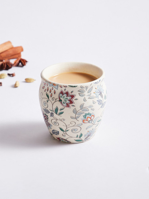 

Home Centre White & Green Printed Bone China Glossy Kulladhs Set of Cups and Mugs