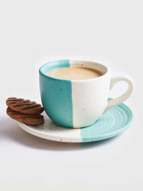 

Home Centre Teal & White Colourblocked Stoneware Glossy Cup and Saucer