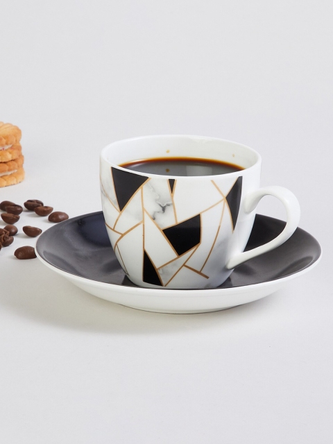 

Home Centre Black & White Printed Bone China Matte Cups and Saucers Set of Cups and Mugs