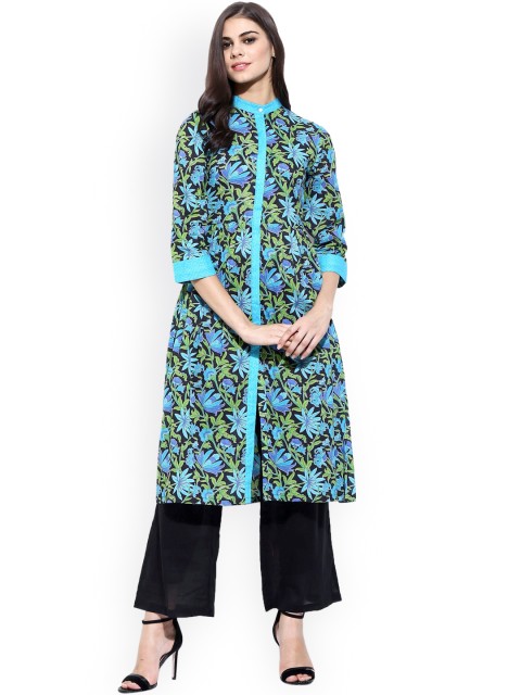 

SASSAFRAS Women Black & Blue Floral Print Straight Kurta
