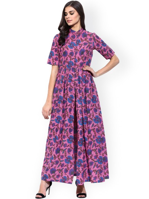 

SASSAFRAS Women Pink & Blue Floral Print Anarkali Kurta