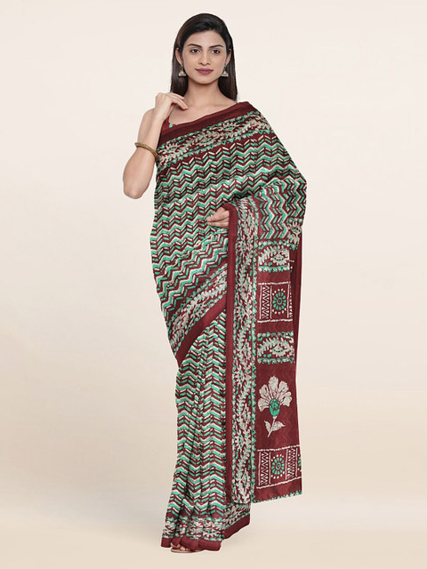 

Pothys Maroon & Green Geometric Printed Cotton Blend Saree