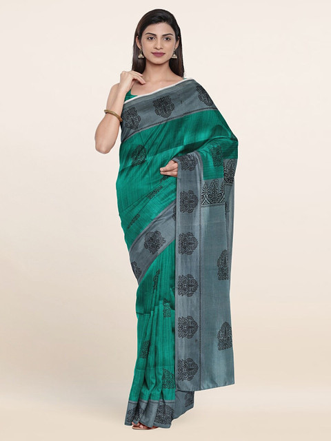 

Pothys Green & Grey Ethnic Motifs Printed Cotton Blend Saree